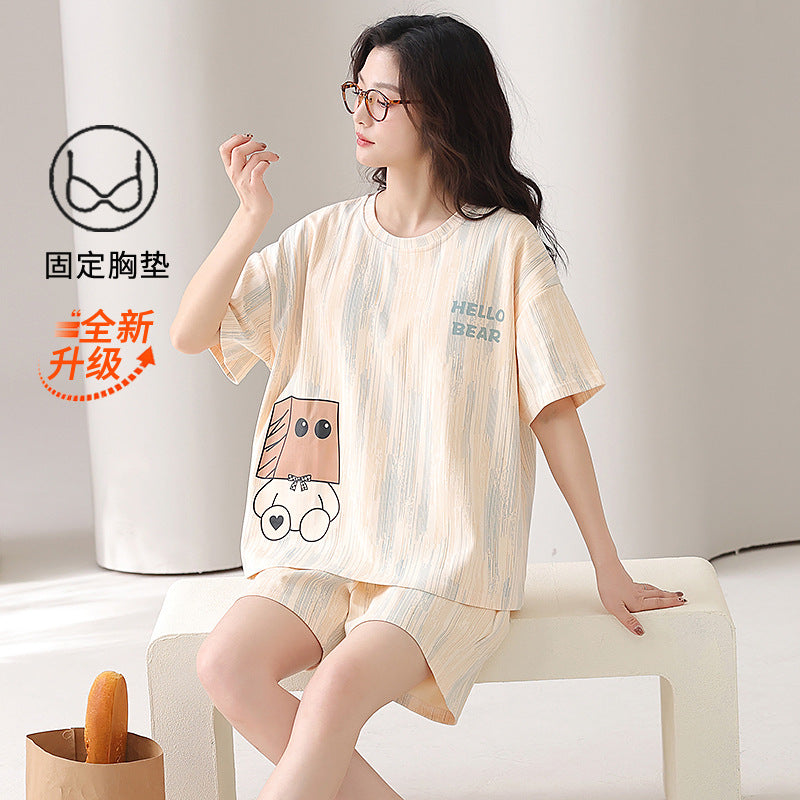 Women's Pure Cotton Pajama Set with Chest Pads Shorts Loungewear