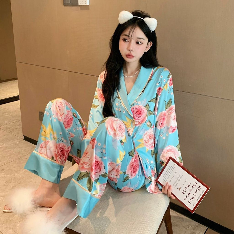 Women's Satin Ice Silk Pajama Set Long Sleeve French Lounge Wear
