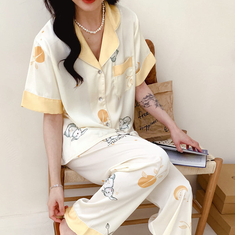 Women's Ice Silk Rabbit Pajama Set Korean Style Summer Loungewear