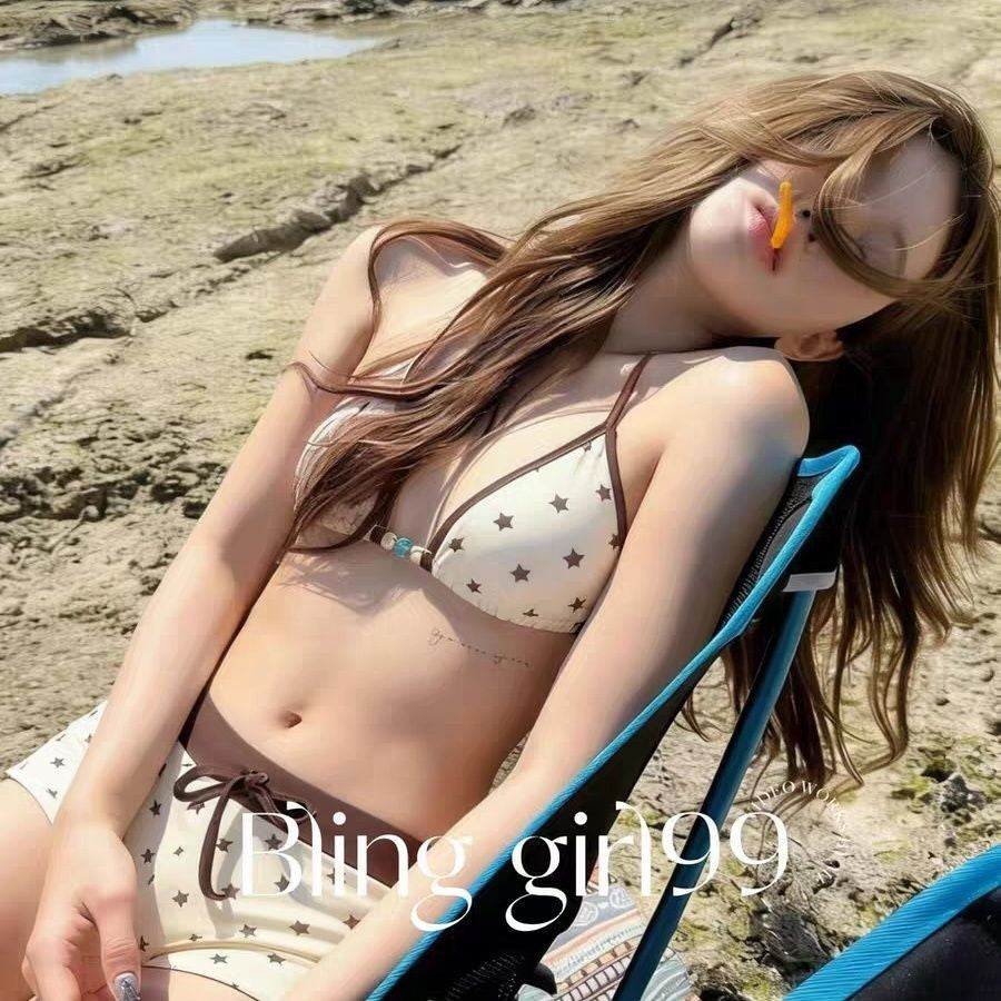 Women's Striped Three Piece Bikini Set with Long Sleeve Cover Up