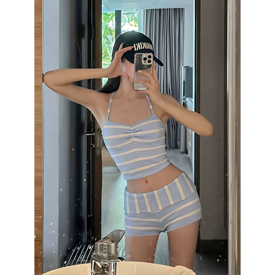 Women's Striped Three Piece Swimsuit Set with Sun Cover Up