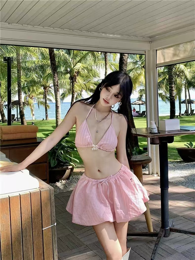 Women's Striped Three Piece Bikini Set with Skirt Swimwear