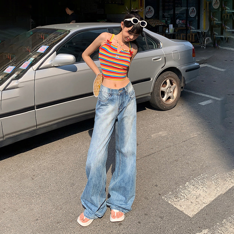 American Retro High Waist Wide Leg Denim Jeans for Women