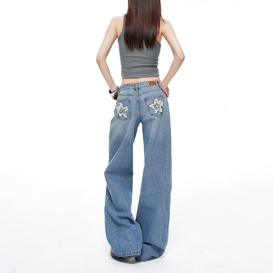 American Retro Low Waist Wide Leg Denim Jeans for Women