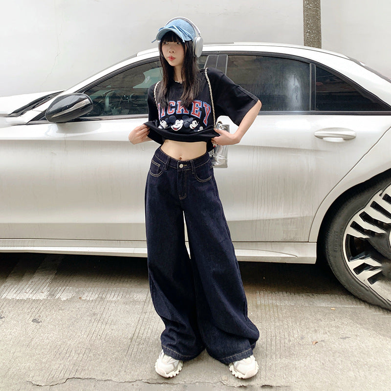 Dark Blue High Waist Wide Leg Denim Jeans for Women