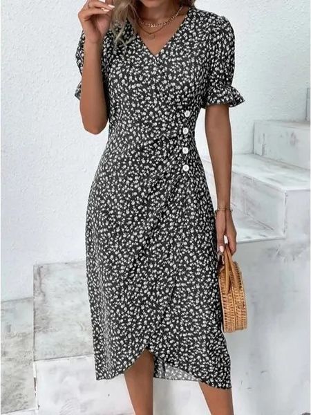 Women's V-Neck Floral Print Dress with Irregular Hem