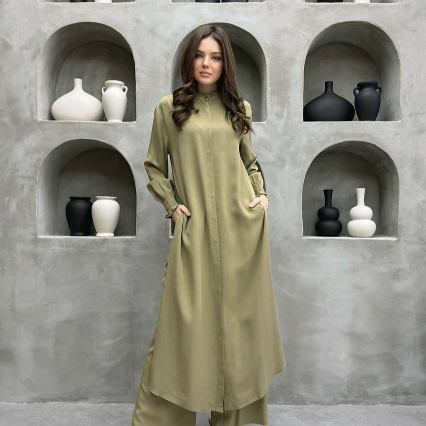 Women's Stand Collar Shirt and Straight-Leg Pants Set