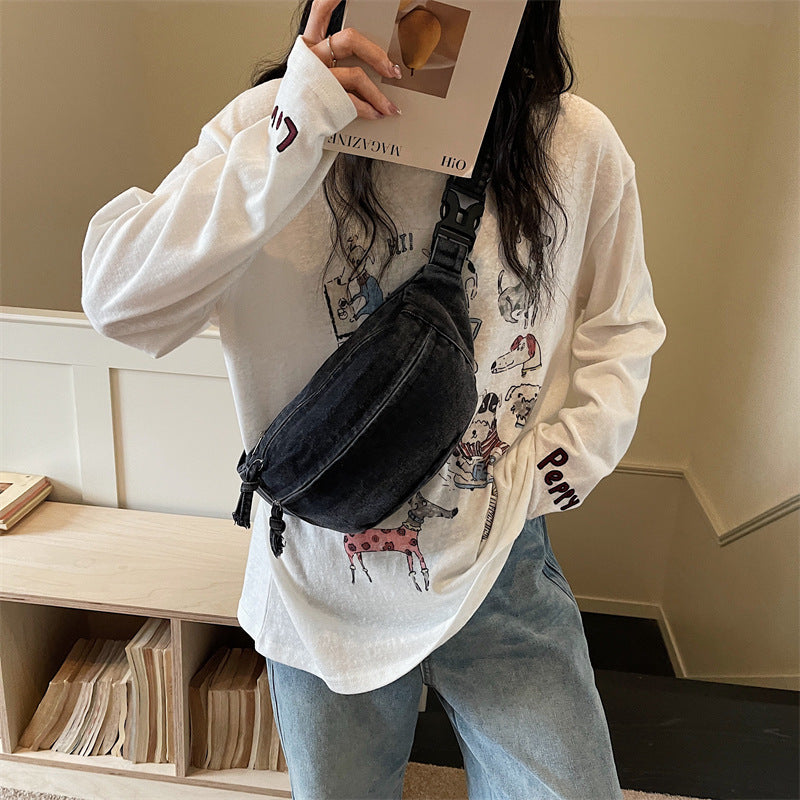 Denim Crossbody Shoulder Bag for Women Student Retro Canvas Chest Bag