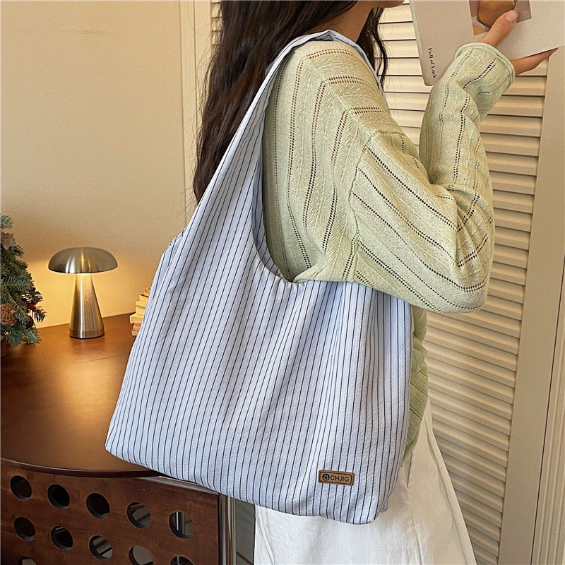 Women's Summer Striped Canvas Simple and Relaxed Style Large-Capacity Underarm Shoulder Commuter Tote Bag