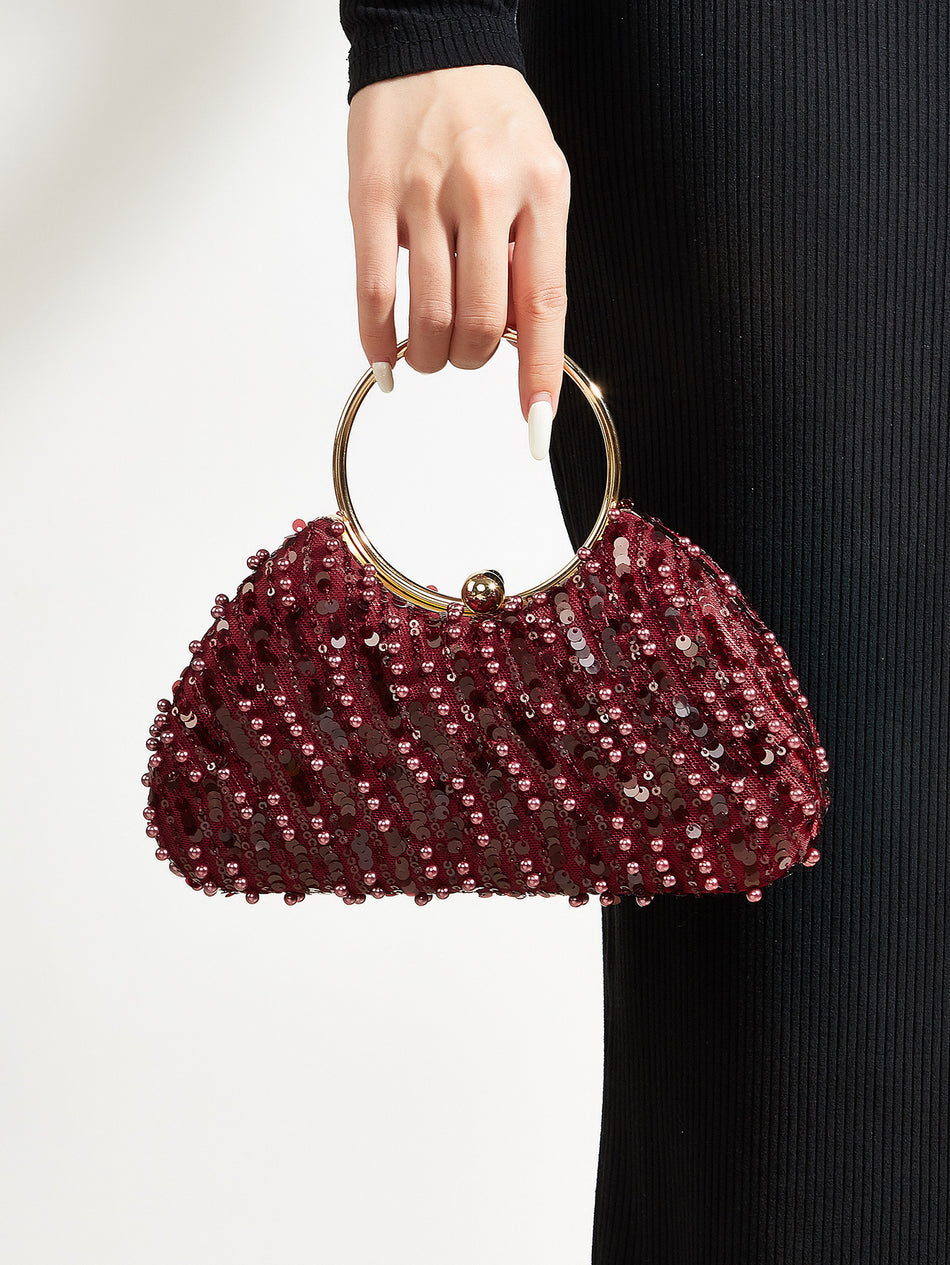 Women's Wine Red Sequin Evening Clutch Party Handbag