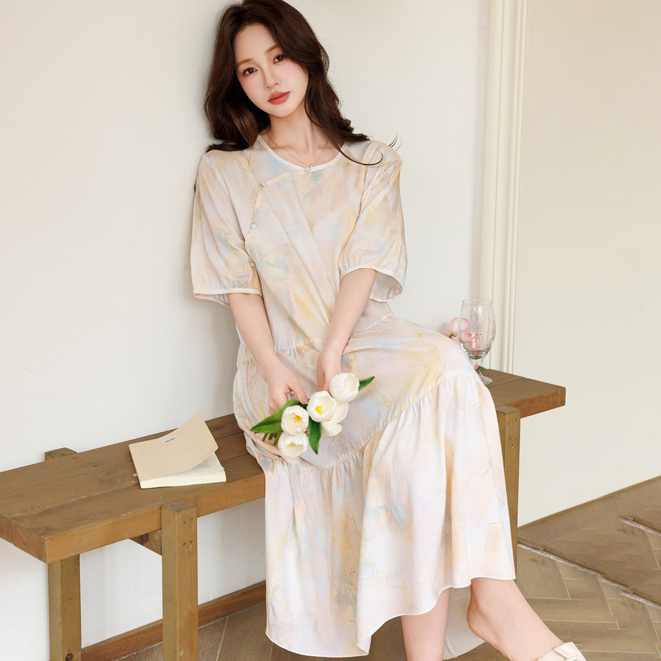 Women’s Chinese Style Floral Cotton Silk Nightgown Dress