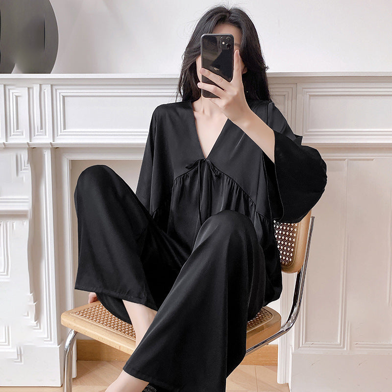 Women’s Ice Silk Pajama Set Long Sleeve Plus Size Luxury Loungewear