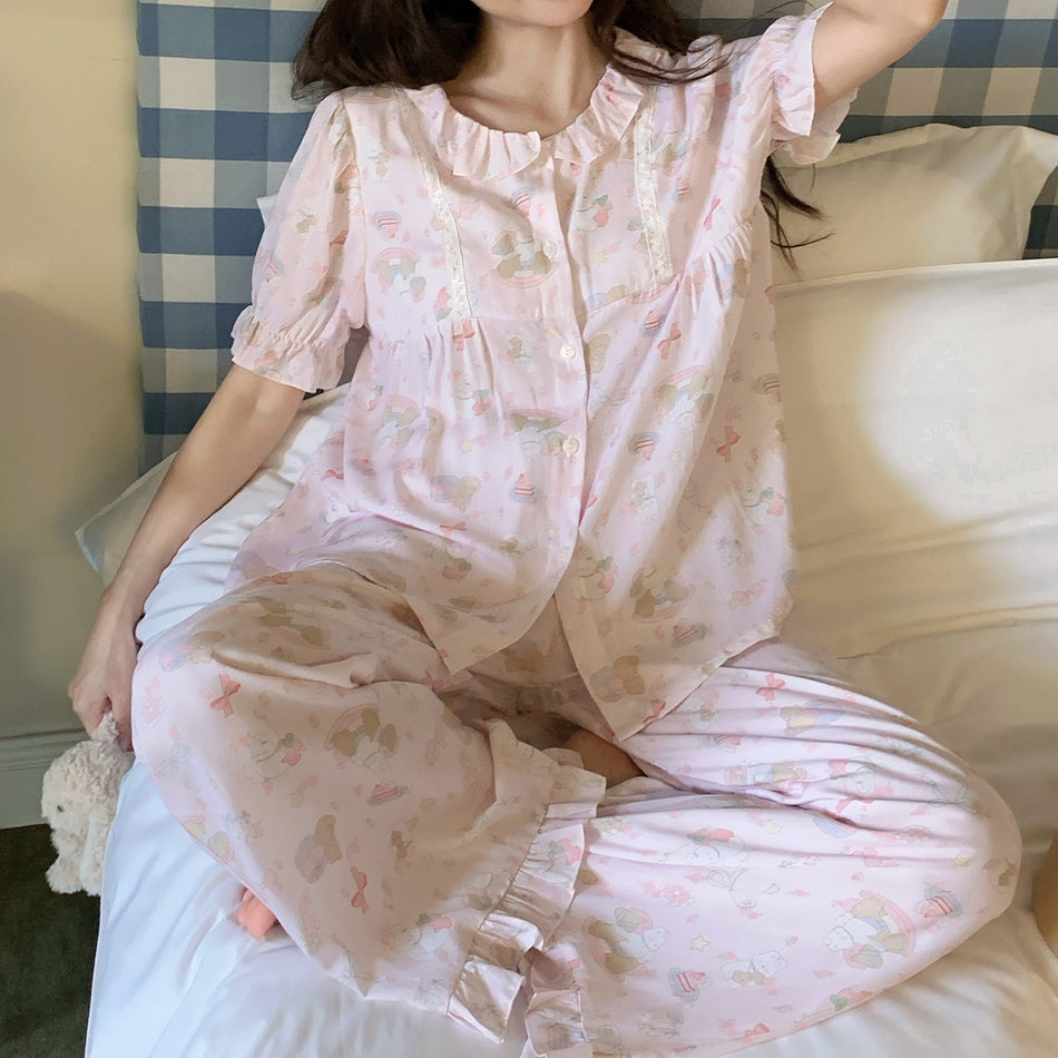 Women’s Doll Collar Lyocell Cotton Pajama Set Short Sleeve
