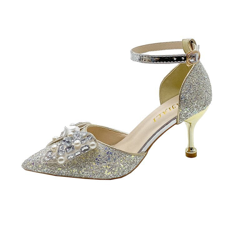 Women’s Rhinestone Pointed Toe Buckle High Heel Sandals
