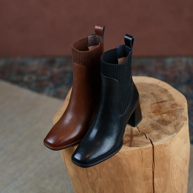Women’s Retro French Square Toe Thick Heel Ankle Boots