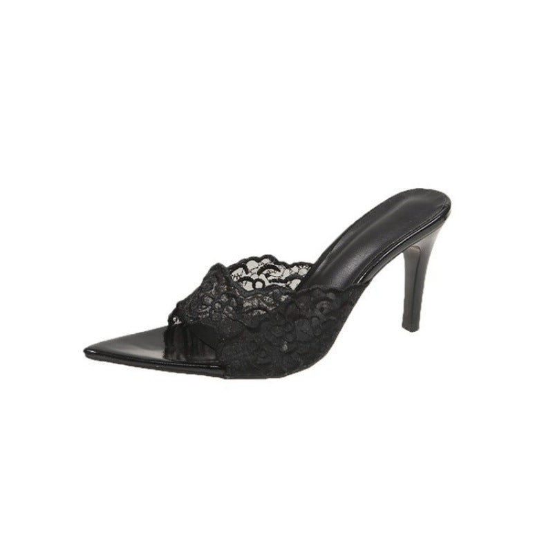 Women’s Mesh Lace Pointed Toe Stiletto Heel Slippers