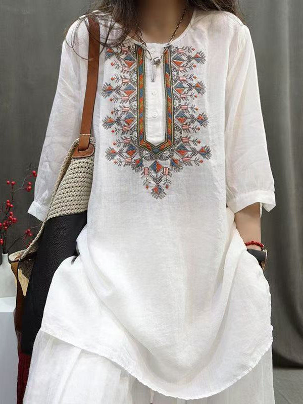 Women’s Retro Embroidered Cotton Linen Mid-Length Shirt Top