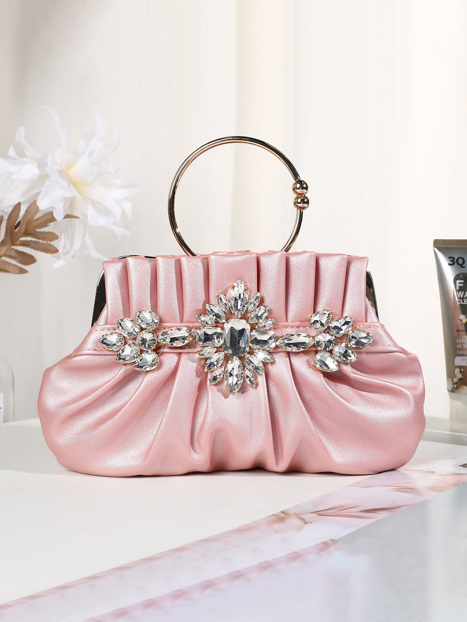 Diamond Pleated Ring Handle Evening Lipstick Clutch Bag