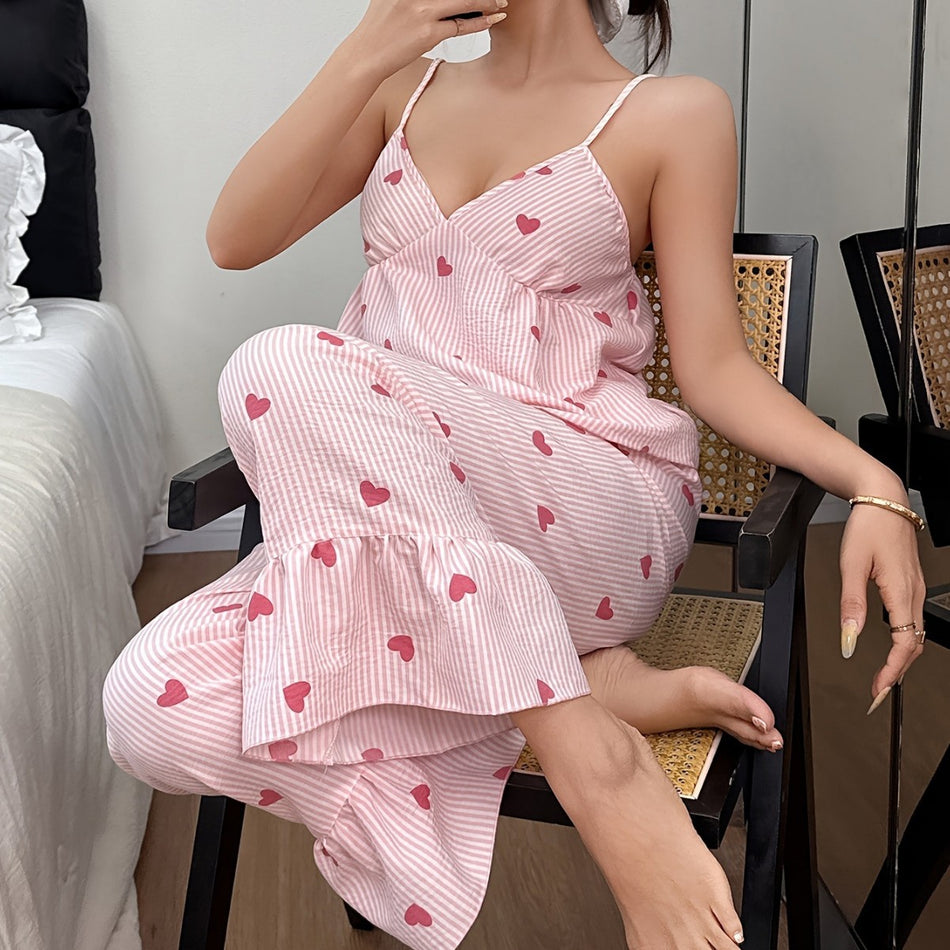 Bubble Gauze Heart Stripe Pajama Set Women Loungewear
