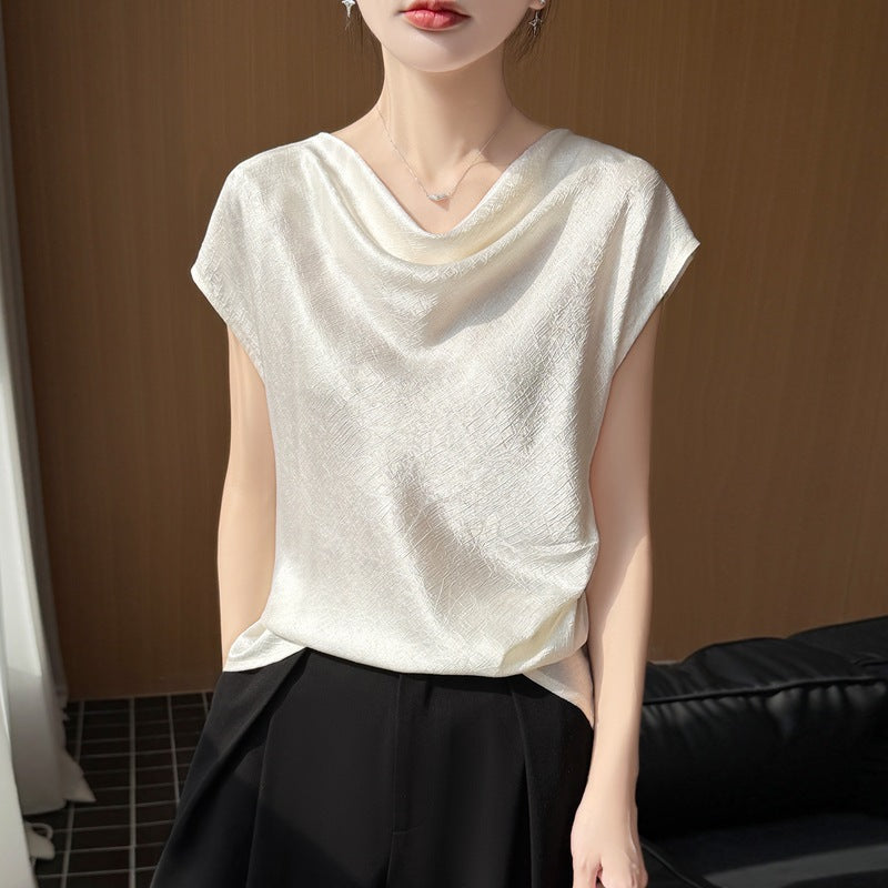 Women’s Silk Satin Draped Collar Short Sleeve T-Shirt