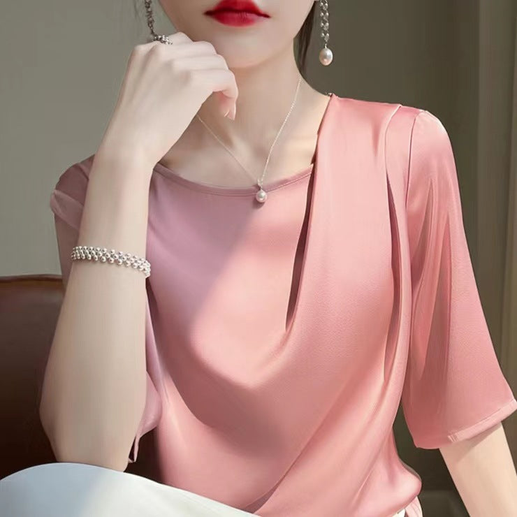 Women’s Ice Silk Ruched Neck Slim Fit Summer T-Shirt Top