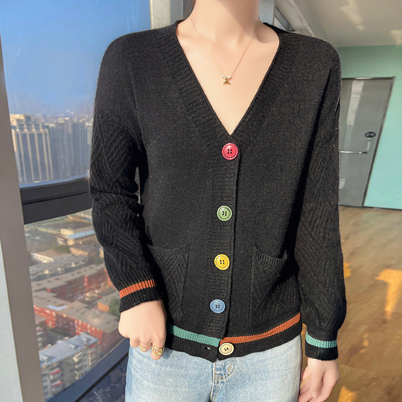 Women's V-Neck Pocket Knit Cardigan Long Sleeve Sweater