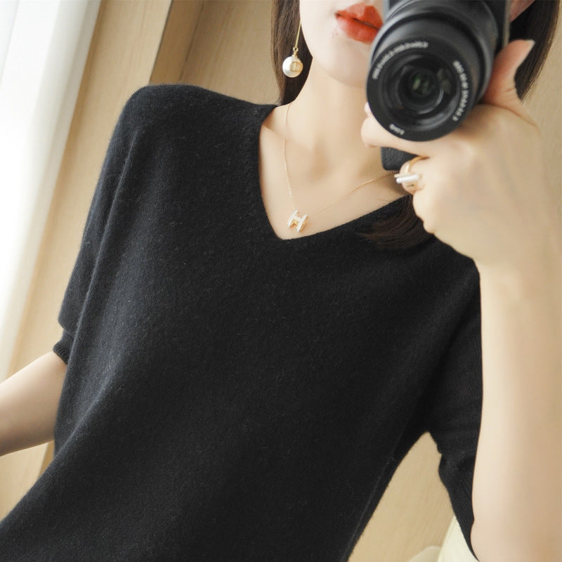 Women’s V-Neck Half Sleeve Knit Sweater Loose Base Top