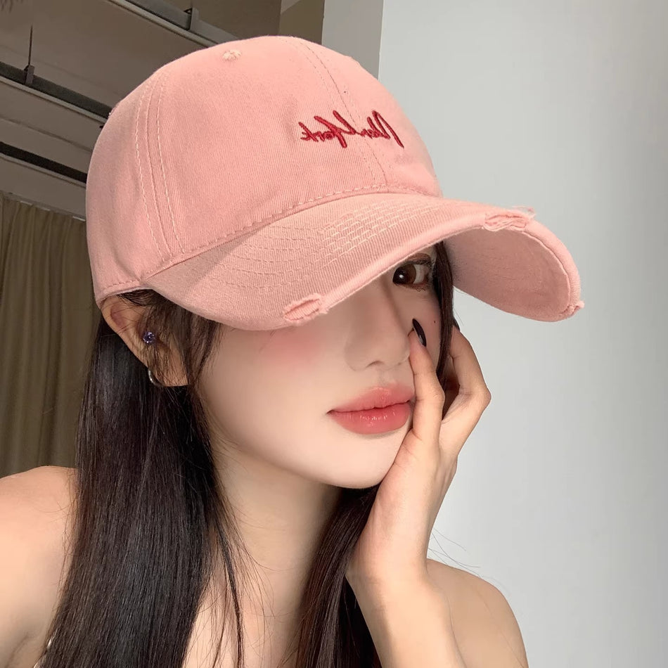 Distressed Embroidery Wide Brim Baseball Cap for Women