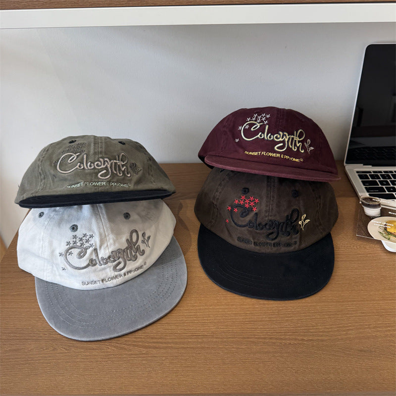 Color Block Embroidered Soft Top Baseball Cap Korean Style