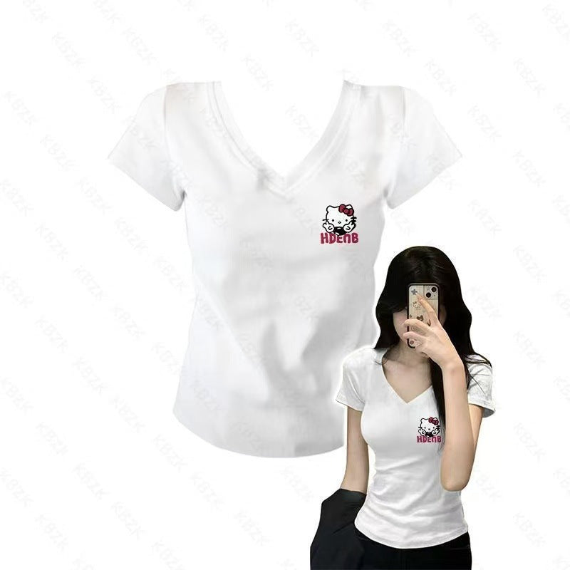 Women's V-Neck Printed Cotton Slim Fit T-Shirt