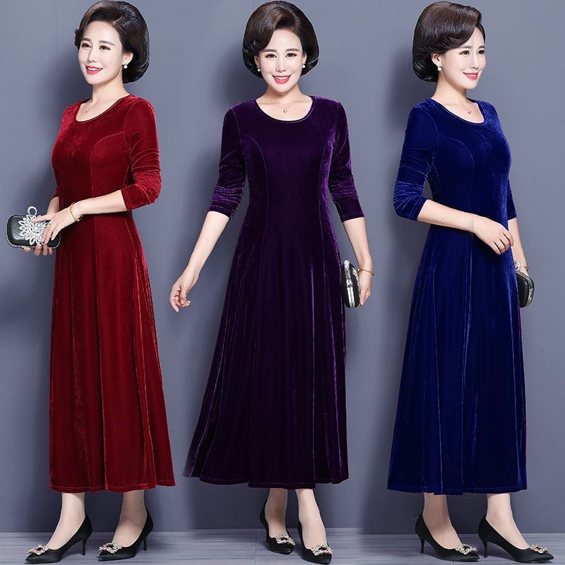 Womens Velvet Floral A-Line Midi Dress Long Sleeve Elegant
