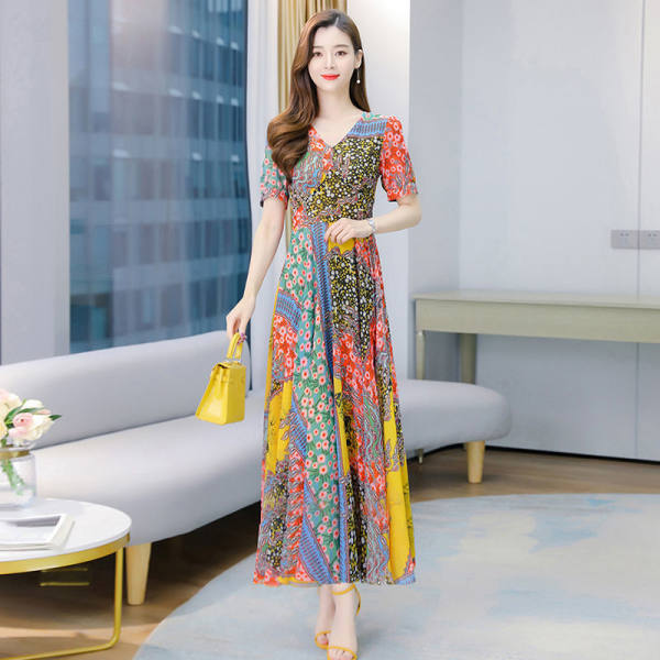 Bohemian Floral Maxi Beach Dress with Flared Skirt