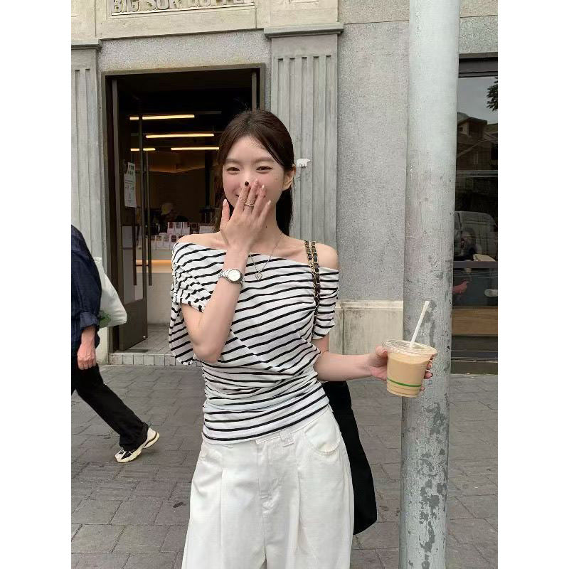 Women's Striped Color Block Off-Shoulder Short Sleeve Top