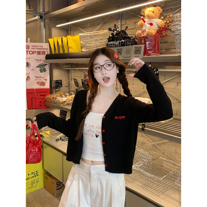Black Letter Embroidered Knit Cardigan Jacket Women Outerwear