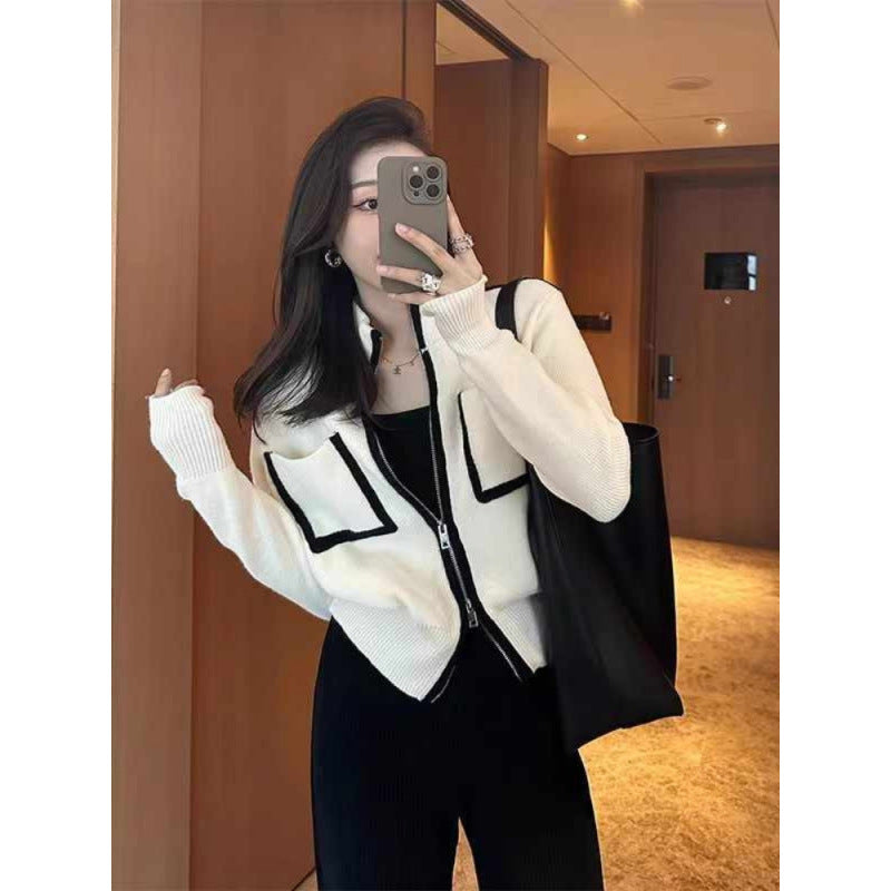 Double Zipper Knit Cardigan Women Chanel Style Sweater Coat