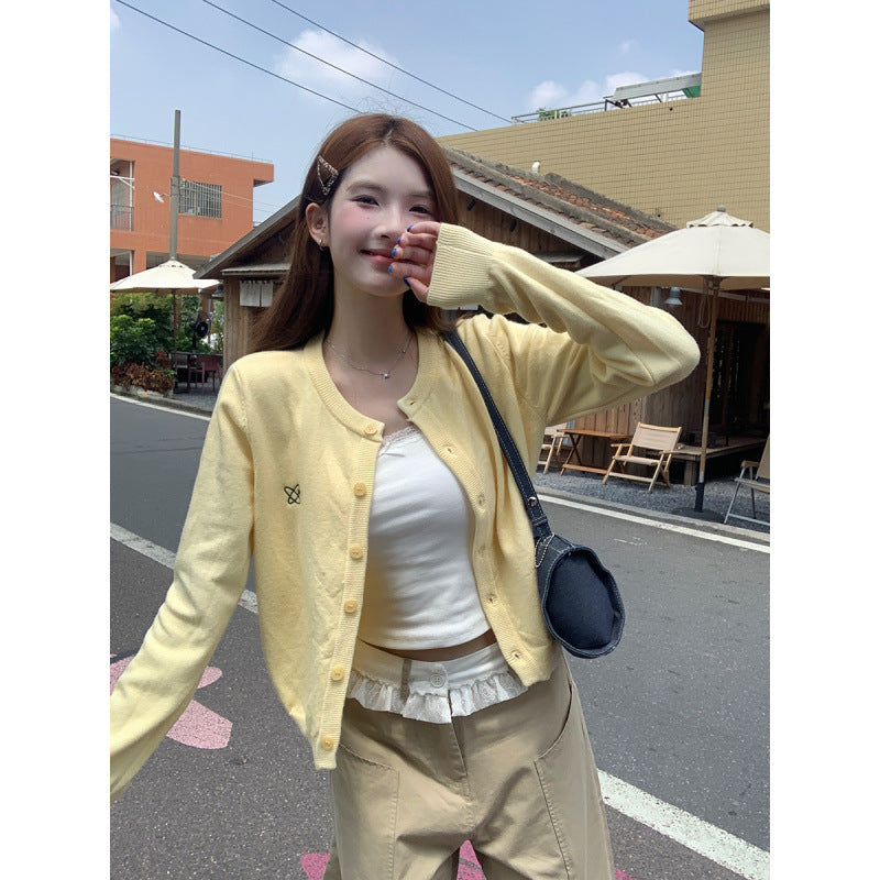 Yellow Embroidered Knit Cardigan Women Slim Fit Autumn Jacket