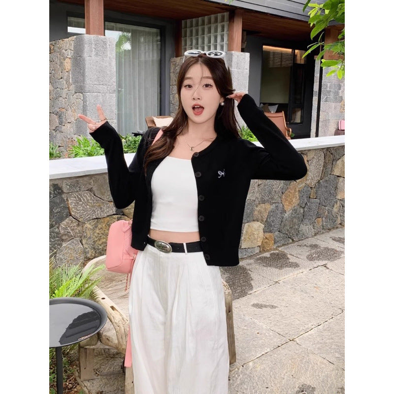 Black Embroidered Knit Cardigan Women Elegant Outer Sweater Jacket