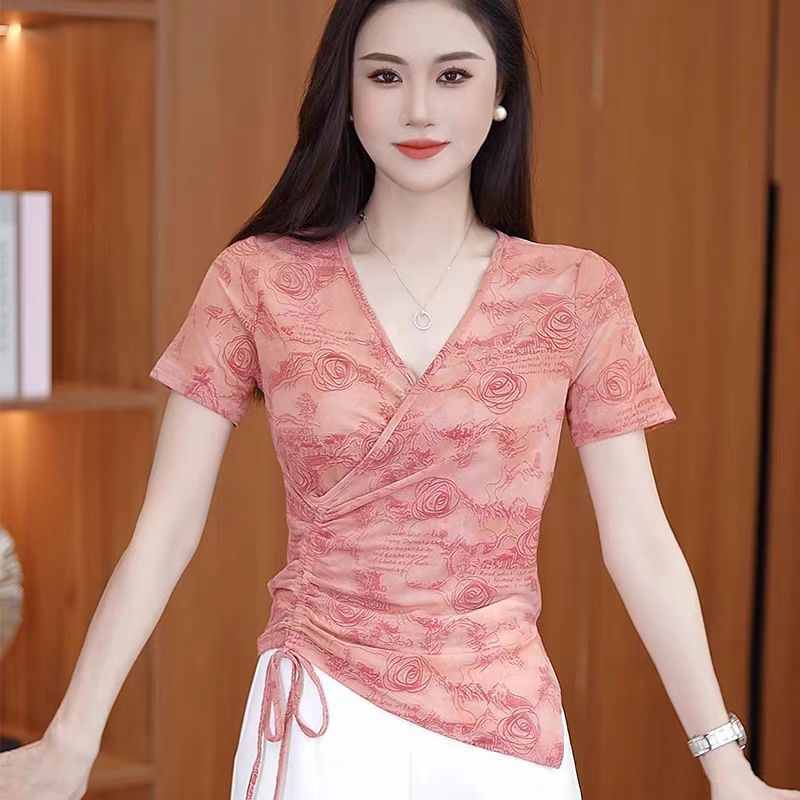 Women's V-Neck Drawstring Printed Short Sleeve Mesh Top
