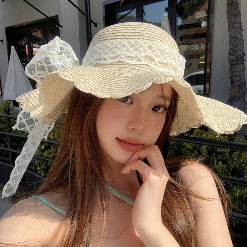 : Women's Lace Bow Wide Brim Straw Sun Hat