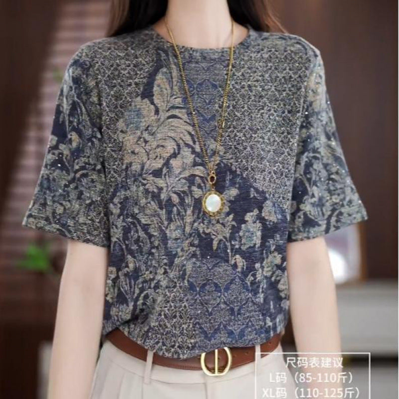 Women's Vintage Print Sequin Short Sleeve T-Shirt