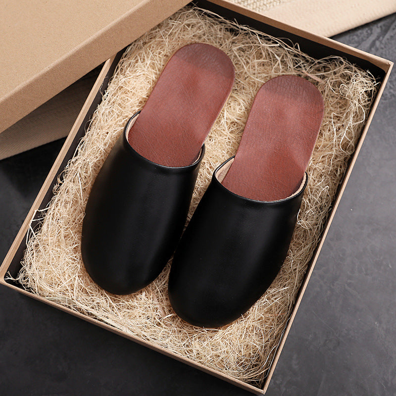 Closed-Toe Leather Indoor Couple Home Slippers with Soft Sole