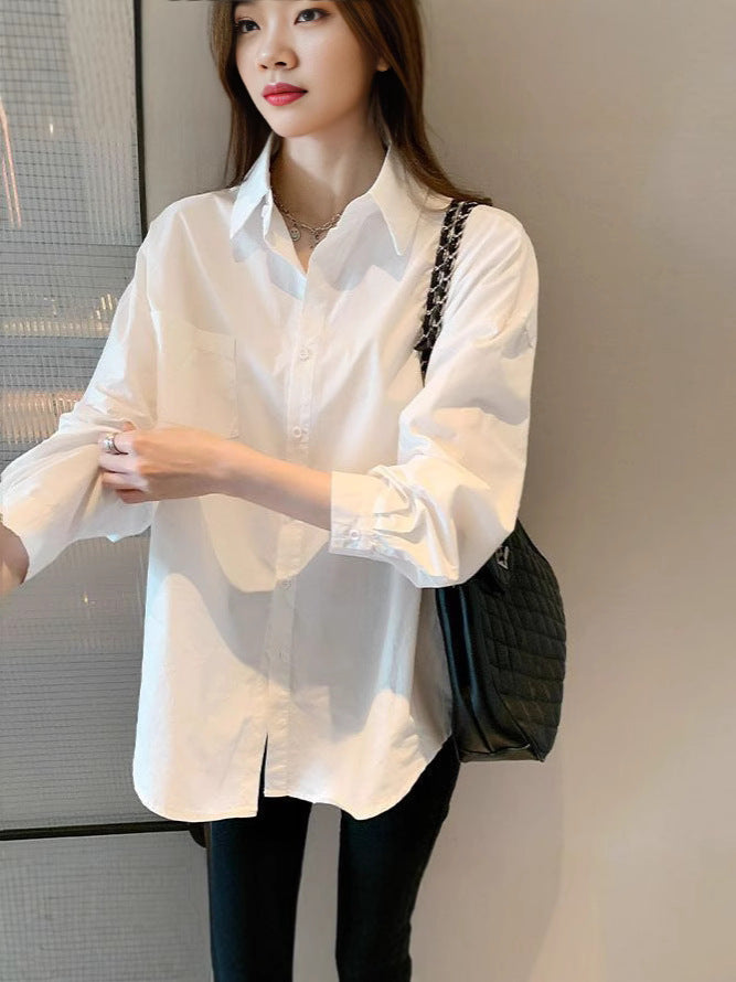 Women's White Long Sleeve Shirt with French Style Layered Design