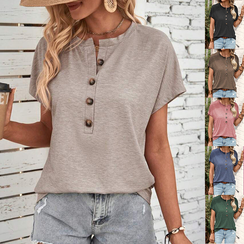 Women's V-Neck Button Short Sleeve Loose T-Shirt