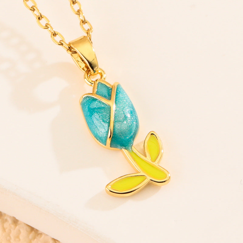 Colorful Enamel Tulip Rose Pendant Necklace for Women