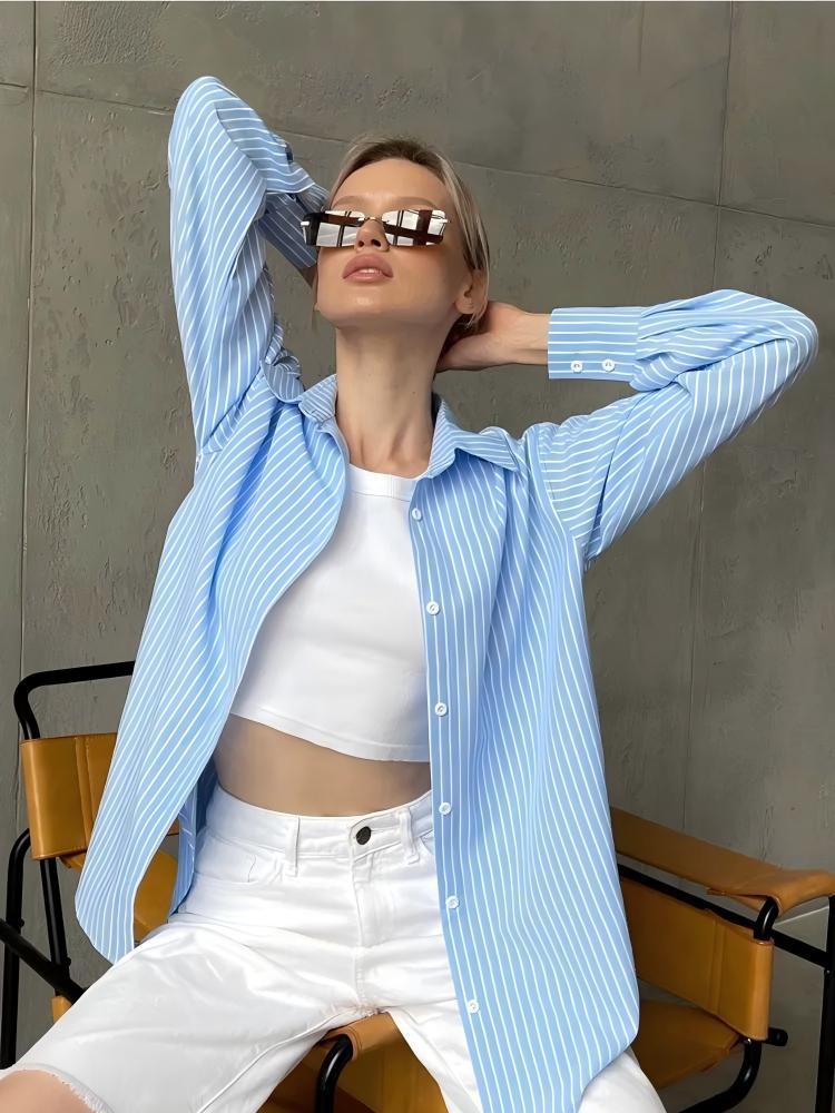 Women's Striped Long Sleeve Button Front Loose Fit Casual Shirt