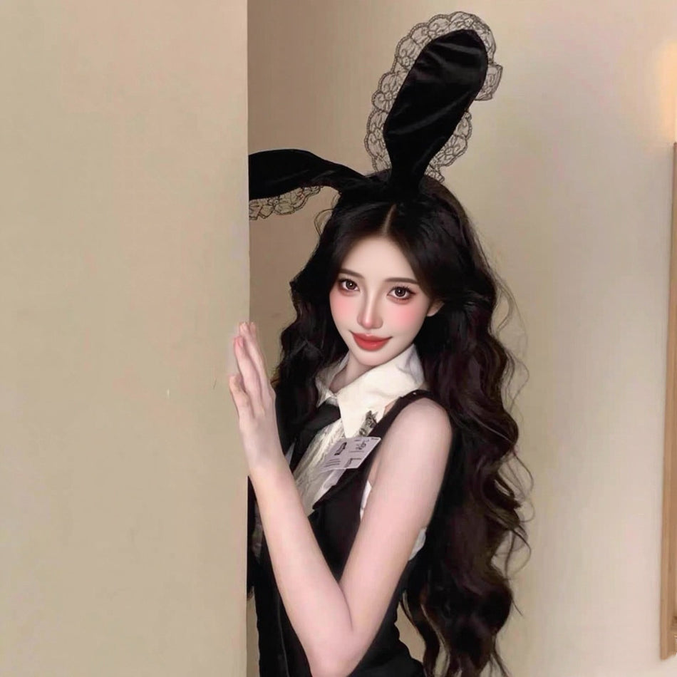 Black Lace Bunny Ear Headband for Women Costume Accessory