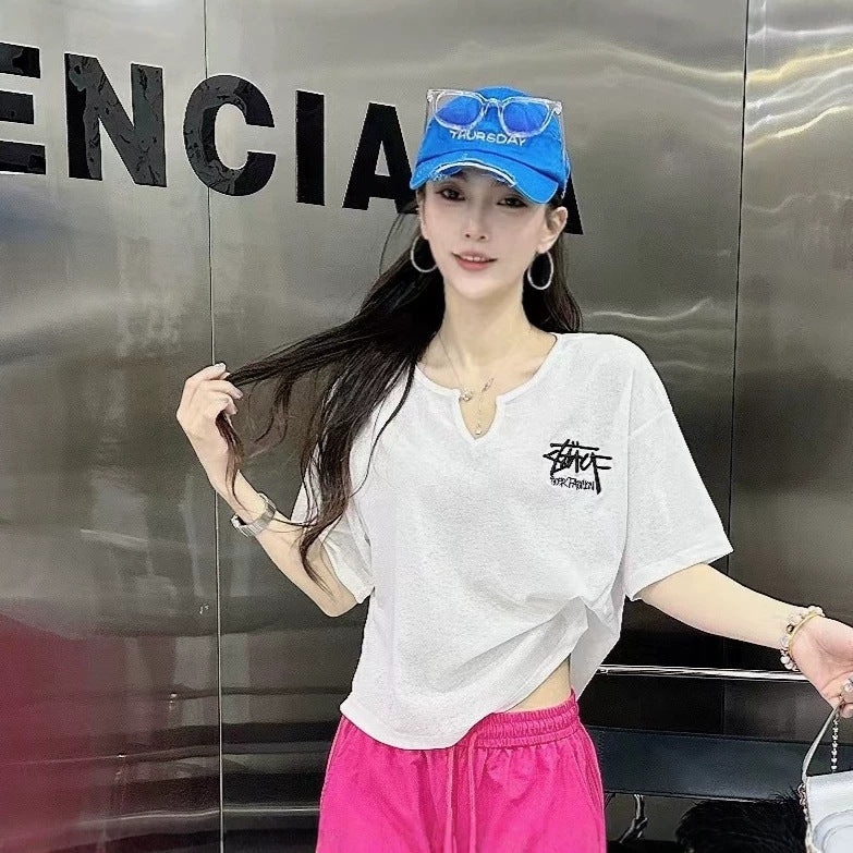 Women's V-Neck Short Sleeve Casual T-Shirt with Embroidered Detail
