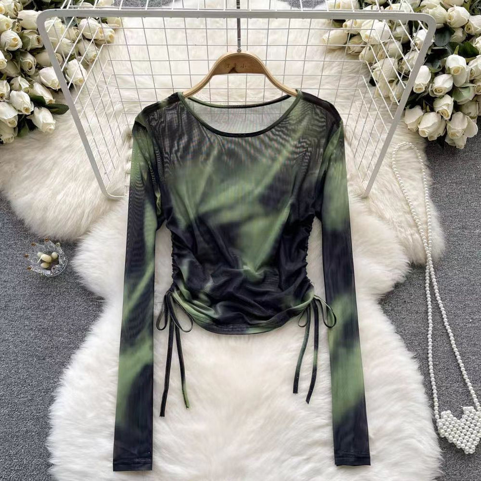 : Women's Tie-Dye Mesh Long Sleeve Drawstring T-Shirt