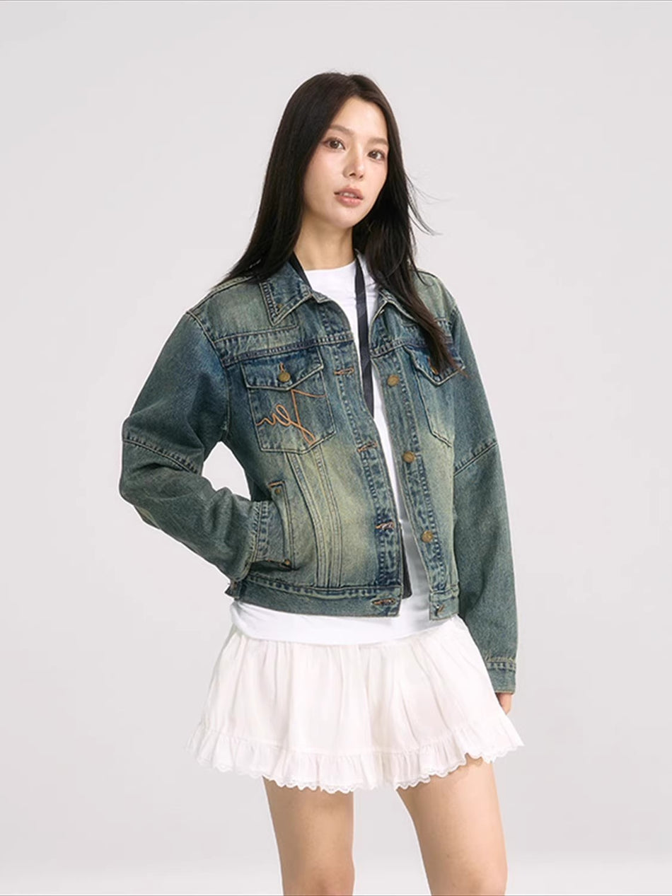 Women's Vintage Washed Denim Jacket with Relaxed Workwear Fit