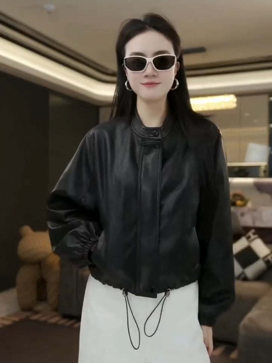 Women's Stand Collar PU Leather Biker Jacket